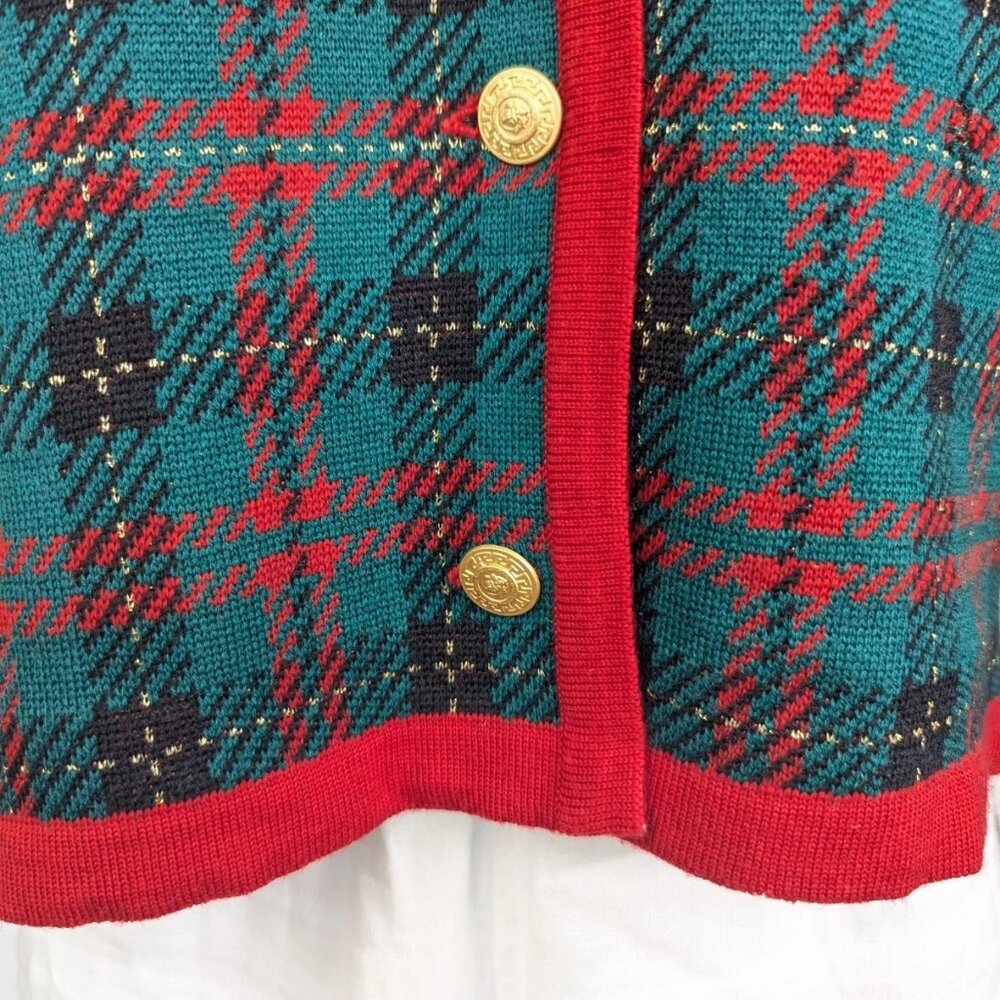 Vtg Classiques Entier Merino Wool Blend Cardigan Green Red Black Gold Button Lrg - Picture 7 of 12